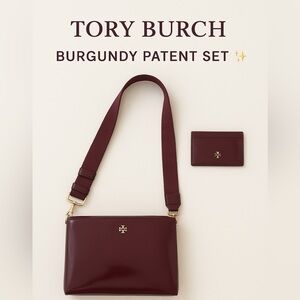 Tory Burch Patent Leather Crossbody & Card Case Set – Deep Burgundy